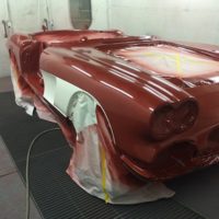 Restoration paint job of fully disassembled and taped car